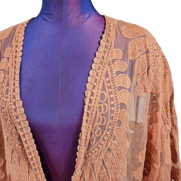 Style Apparel Sheer Lace Kimono Burnt Orange Bell‎ Sleeve Swim Cover-Up Small - Picture 2 of 10